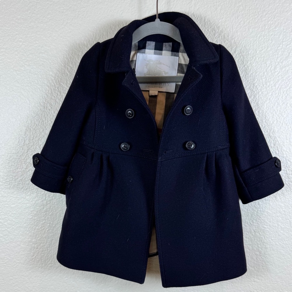NWOT Burberry Pea Coat Kids 12M Black Wool Cashmere Double Breasted Nova Check - Picture 2 of 14